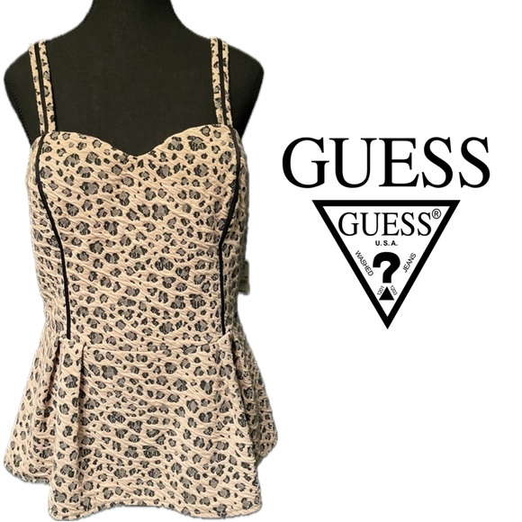 NWT GUESS Holly Leopard Print Pink Black Sweetheart Bustier Peplum Top XL - Picture 1 of 16